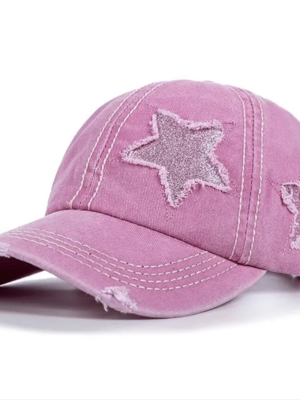 Pink Bling Star Distressed Ponytail Baseball Cap